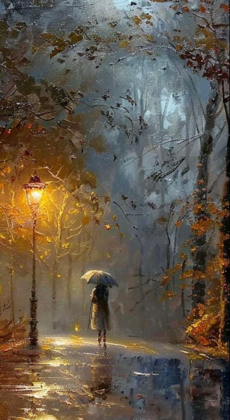 Calm Paintings, Colorful Art Paintings, Rain Painting, Umbrella Art, Soyut Sanat Tabloları, Walking In The Rain, Landscape Art Painting, Autumn Scenery, Autumn Painting