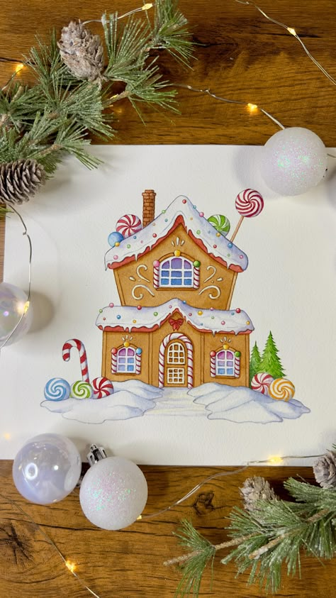 Sketch and Paint with me a Ginger Bread House. #art #artist #artistsoninstagram #artwork #painting🎨 #sketching #sketchprocess #artprocess… | Instagram Ginger Bread Houses Drawing, Christmas Paintings Gingerbread, Gingerbread House Painting On Canvas, Painting Gingerbread Houses, Christmas House Drawing, Watercolor Buildings, Sketch And Paint, Village Drawing, Christmas Window Painting