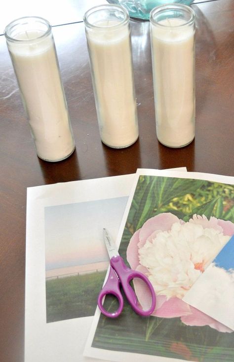 Dollar Tree Candles Diy, Pictures On Candles, Photo Candles Diy Pictures, Candle With Picture Diy, Diy Memorial Candle, Memorial Gift Diy, Can You Mudge Podge On The Tall Flameless Candles, Personalized Candles Diy, Diy Photo Candles