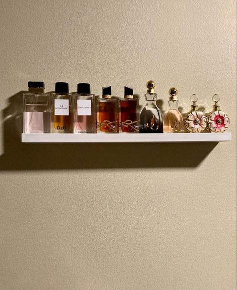 Display shelf for perfume/fragrances Floating Perfume Shelf, Perfume Floating Shelves, Shelves For Perfumes, Wall Perfume Display, Floating Shelves Perfume, Perfume Display Ideas Shelving, Perfume Shelf Ideas Wall Shelves, Perfume Collection Display Shelves, Perfume Organization Shelf