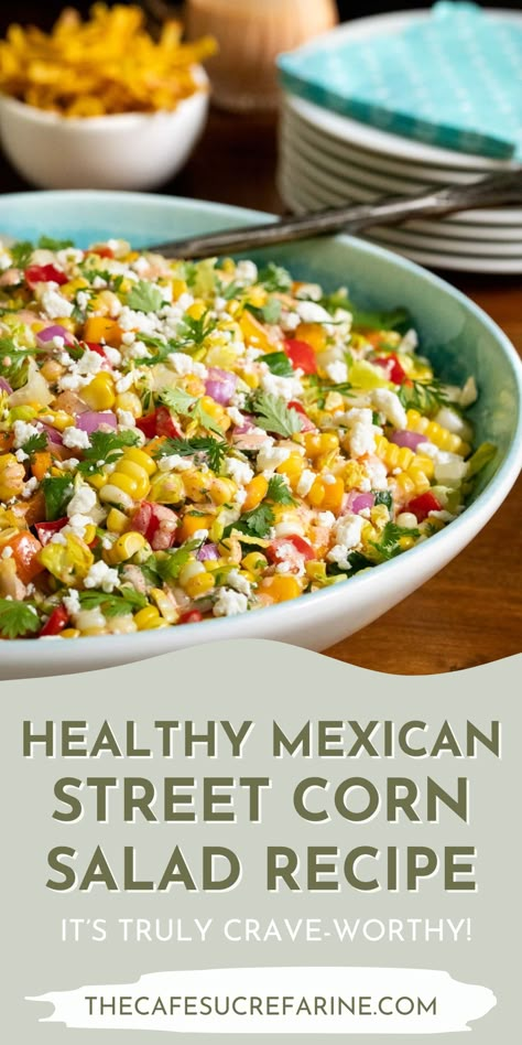 This Healthy Mexican Street Corn Salad Recipe is packed with colorful veggies and vibrant flavor! It’s topped with a homemade dressing that gives this salad the perfect balance of sweet, savory, fresh, and a little spicy. Make this salad to enjoy for a picnic, barbeque, or any time you want something fresh! Spanish Veggie Dishes, Spanish Salads, Healthy Mexican Street Corn, Mexican Picnic, Mexican Corn Salad Recipe, Street Corn Salad Recipe, Spanish Salad, Mexican Street Corn Salad Recipe, Healthy Picnic Foods