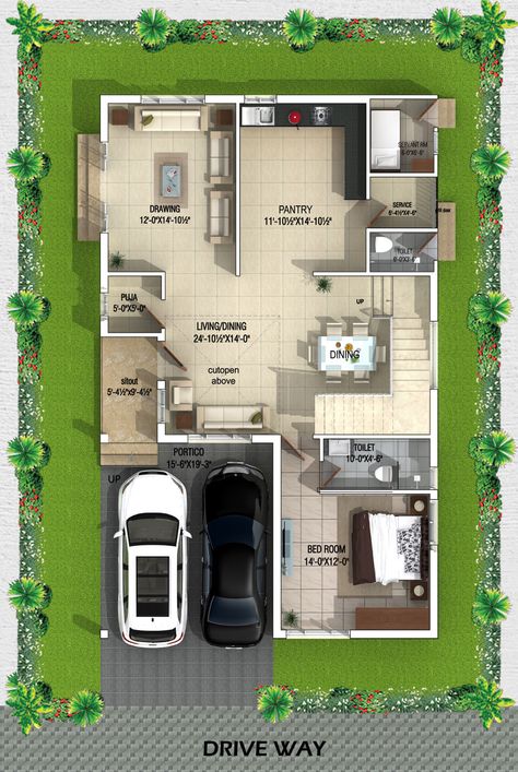 Type A West Facing Villa ground Floor plan 1500 Sq Ft House Plans, 1500 Sq Ft House, West Facing House, 20x40 House Plans, 30x40 House Plans, 2bhk House Plan, Unique House Plans, Indian House Plans, 3d House Plans