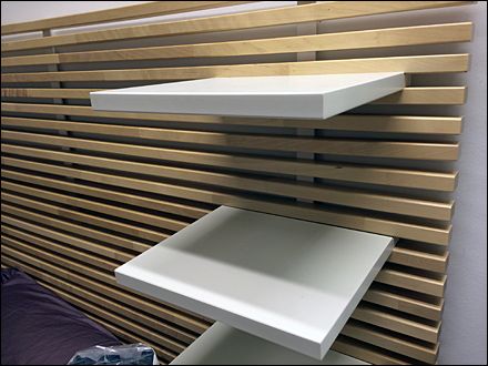 D.I.Y. Slats Create IKEA Slatwall | Fixtures Close Up Slat Wall Storage, Diy Wood Slat Wall, Ikea Bed Slats, Slat Wall Display, Slatted Shelves, Wood Slat Wall, Slatted Headboard, Furniture Rehab, Apartment Life