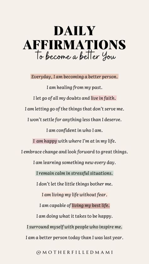 Positive daily affirmations to help you become a better you. The goal is to alway be the best versions of ourselves. Whether its emotionally, mentally, physically or spiritually. #selfcare #dailyaffirmations #dailypositiveaffirmations #affirmations #iam Good Daily Affirmations, Journal Positive Affirmations, Daily Affirmations For Self Improvement, Why Are Affirmations Important, Daily Affirmations Notebook, Affirmation List Ideas, Journal Affirmations I Am, Daily Steps Goal, Positive Affirmation For A Good Day