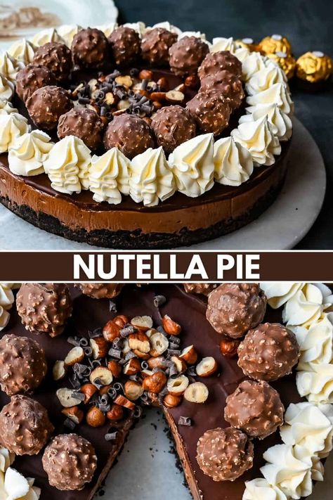 Nutella Pie Nutella Brownie Pie, Ferrero Rocher Pie, Nutella French Silk Pie, Nutella Thanksgiving Dessert, Nutella Pie No Bake, Nutella Cream Pie, Gourmet Pie Recipes, Nutella Pie Recipes, Nutella Stuffed Cookie Pie