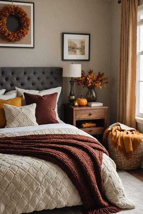 Fall Farmhouse Bedroom, Autumn Bedroom Ideas, Autumnal Bedroom, Fall Bedroom Decor Cozy, Cozy Autumn Bedroom, Seasonal Bedding, Interiors 2024, Autumn Bedroom, Fall Cottage