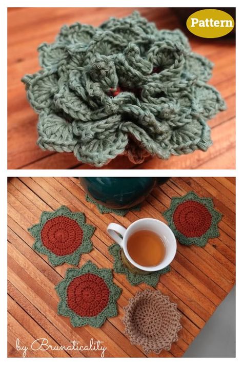 Sierra Plant Crochet, Coffee Coasters Crochet, Crochet Plant Pot Coaster Pattern, Crochet Succulent Coasters In Pot, Coaster Set Crochet Free Pattern, Crochet Flower Pot That Turns Into Coasters, Crochet Flower Pot Holders Free Pattern, Cute Crochet Coaster Ideas, Crochet Patterns Free Coasters