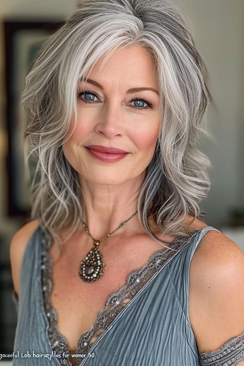 Grey Short Haircut, Shoulder Length Hair Grey, Layered Silver Hair, Grey Curly Shag Hairstyles, Long Grey Shag Hairstyles, Curly Grey Shag Haircut, Long Wavy Grey Hair Over 50, Long Layered Grey Hair With Bangs, Perfect Curly Hair