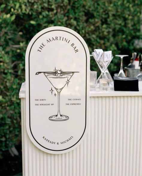 Cocktails At Wedding, His Her Cocktail Sign, Outside Wedding Bar, Wedding Bar Outdoor, Wedding Signage Bar, Bridal Must Haves, Wedding Martini Bar, Martini Balloon Arch, Bar Station Ideas Party