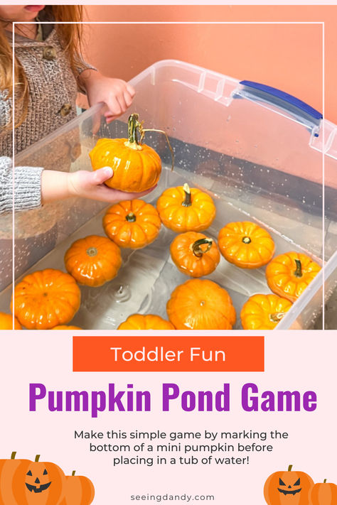 Did you know you can add a spooky twist to your beloved carnival duck pond game? Substitute the rubber ducks with mini pumpkins and you've got a Halloween-style game that kids of all ages will adore! This is such a great idea for toddlers, but also elementary school kids to learn the science of floating pumpkins. Find out how to execute a spooktacular school Halloween party with these unique game ideas. Pumpkin Party Kindergarten, Go Fish Fall Festival Game, Fall Festival Sensory Games, Halloween Toddler Party Games, Halloween Carnival Activities, Diy Duck Pond Carnival Game, Fall Festival Fishing Game, Pumpkin Games For Toddlers, Pumpkin Festival Games