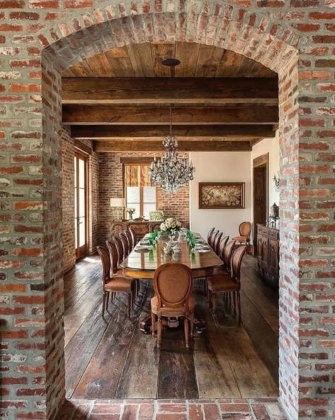 Brick Floor Living Room Interior Design, Wood And Brick Interior Design, Kitchens With Brick Floors, Cottage Cladding, Reclaimed Brick House, Brick Wall Dining Room, Brick Dining Room, Arched Entryway, Arch Entryway