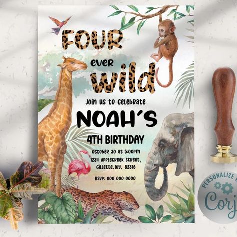 Four Ever Wild Leopard Print and Safari Animals, 4th Birthday Party Invitation, Four Ever Wild Birthday Party Install Download X5 Four Ever Wild Birthday Invitations, Four Ever Wild Birthday Boy, Four Ever Wild Birthday Party, Fourever Wild, Four Ever Wild Birthday, Four Ever Wild, Safari Theme Birthday Party, Animal Themed Birthday Party, Zoo Theme