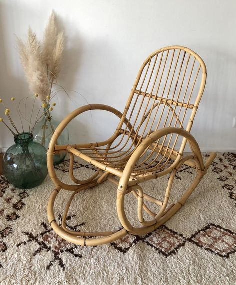 Cottagecore Rocking Chair, Bamboo Kids Furniture, Bamboo Rocking Chair, Rocking Chair Wooden Vintage, 1920s Cane Rocking Chair, Sitting Nook, Bedroom Sitting, Rocking Chair Nursery, Boho Chair