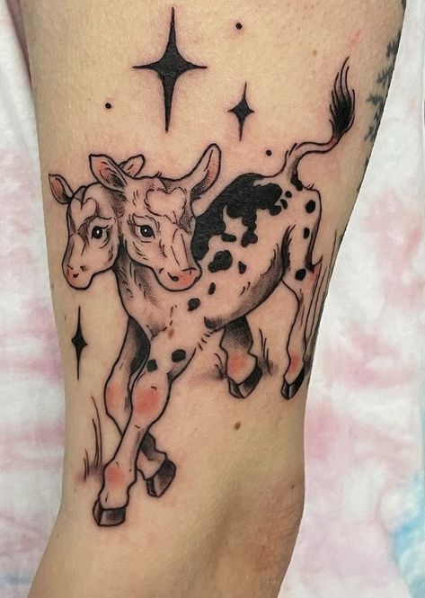 Creepy Patchwork Tattoo, 2 Headed Cow Tattoo, Locness Monster Tattoo, Cute Quirky Tattoos, Cow With Wings Tattoo, Fairy Cow Tattoo, Gothic Style Tattoos For Women, Double Headed Cow Tattoo, Silly Animal Tattoos