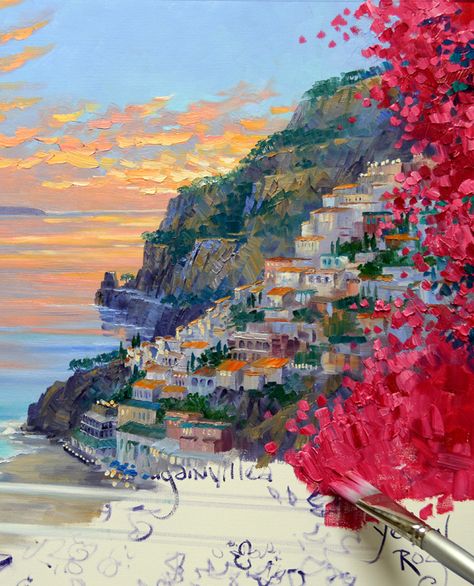 Painting Positano | Mikki Senkarik Positano Watercolor Painting, Italy Landscape Painting Easy, Italian Scenery Painting, Europe Painting Acrylic, Positano Italy Painting, Mikki Senkarik Oil Paintings, Oil Painting Summer, Italian Town Painting, Oil Painting Italy