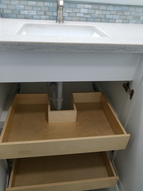 Diy Pull Out Shelves, Under Bathroom Sink, Custom Bathroom Cabinets, Under Kitchen Sink, Bathroom Vanity Storage, Bathroom Sink Cabinets, Bathroom Drawers, Under Sink Storage, Kitchen Hacks Organization