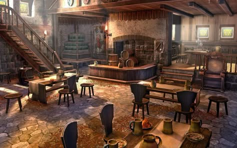 medieval tavern interior - Hledat Googlem Tavern Interior, Taverna Medieval, Fantasy Inn, Medieval Tavern, Level Design, Tables And Chairs, Fantasy Setting, Fantasy Places, Interior Concept