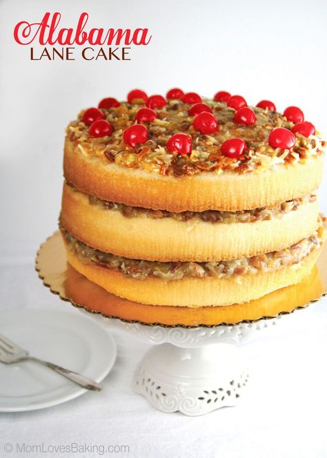 Alabama Lane Cake. A Southern favorite. It's a lot like a blonde German chocolate cake. With a bit of bourbon. You've gotta try it! #lanecake Lane Cake Recipe, Homemade Yellow Cake, Lane Cake, Coconut Pecan, German Chocolate Cake, Caramel Cake, German Chocolate, Rice Cakes, Homemade Cakes