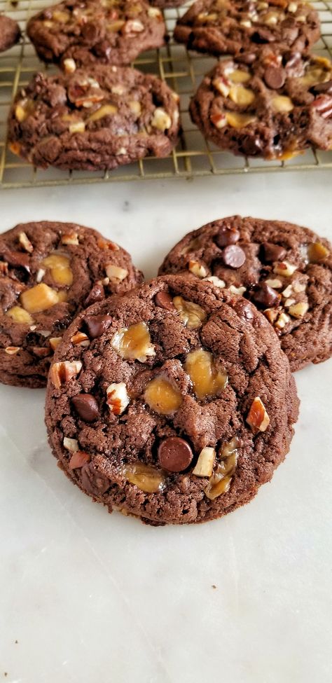 Brownie Turtle Cookies, Triple Chocolate Turtle Cookies, Turtles Cookies Recipe, Turtle Brownie Cookies, Chocolate Turtle Cookies Recipe, Turtle Pecan Cookies, Mounds Cookies Recipe, Double Chocolate Turtle Cookies, Sea Turtle Cookies