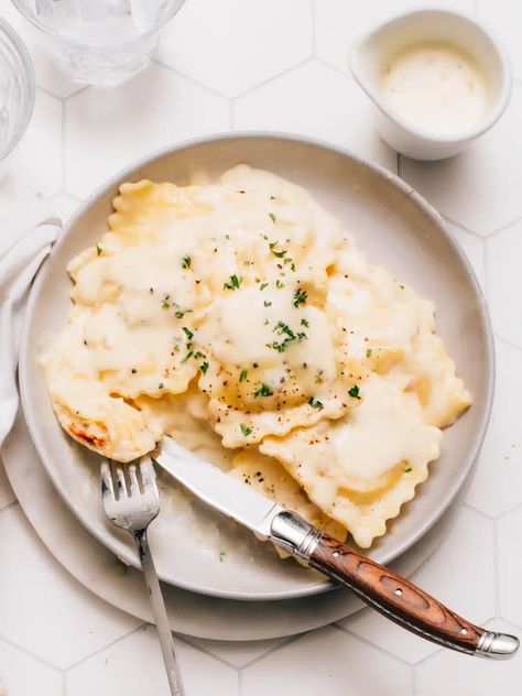 Lobster Ravioli with Lemon Cream Sauce  | Foodess Ravioli Sauce Recipe, Lobster Ravioli Sauce, Ravioli Sauce, Slow Cooker Pork Loin, Lemon Cream Sauce, Lobster Sauce, Lemon Cream Sauces, Lobster Ravioli, Light Appetizers