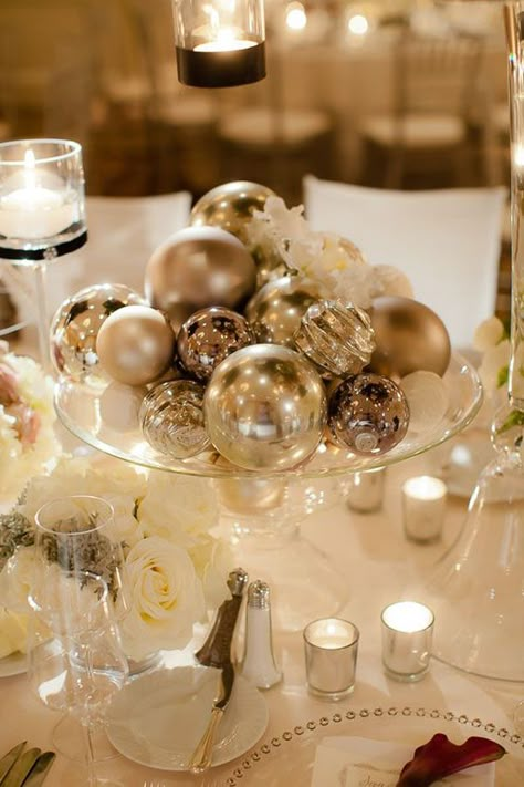 Ornaments at a winter wedding make a chic centerpiece that's also inexpensive. Glam Wedding Centerpieces, Winter Wedding Centerpieces, New Years Wedding, Nye Wedding, New Years Eve Weddings, Winter Wonderland Wedding, Wedding Centerpieces Diy, Wedding Winter, 50th Wedding Anniversary