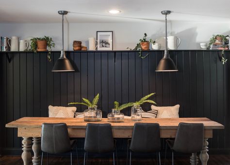 Design Tips from the Baker house | Magnolia Black Panelling Dining Room, Acoustic Panels Dining Room, Rowhouse Dining Room, Black Panelling Kitchen, Black Panel Wall Dining Room, Dining Room Snug Ideas, Dining Area Panelling, Garage Dining Room, Dark Wainscoting Ideas Dining Room