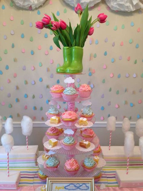 Baby Shower Party Ideas | Photo 8 of 13 | Catch My Party Spring Baby Shower Centerpieces, April Showers Bring May Flowers Baby Shower Theme, April Showers Baby Shower Theme, Raindrop Baby Shower, Rain Baby Showers, Umbrella Baby Shower, Cricut Baby Shower, April Baby, April Baby Shower