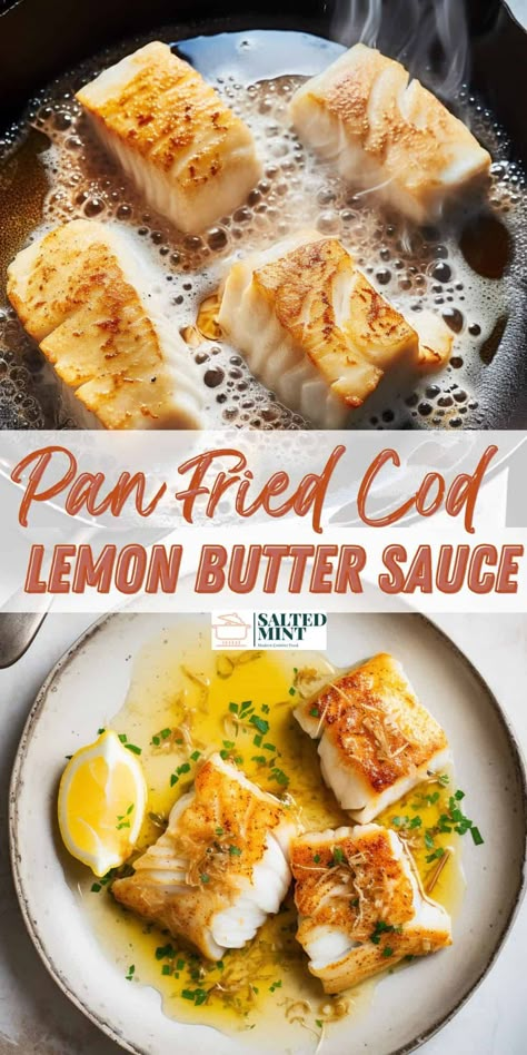 Discover the delightful blend of fresh cod and zesty lemon in this pan-fried cod recipe. Using fresh or frozen fish fillets, each piece is crisped to perfection, for the perfect balance of tender and crispy textures. Drizzled with a luscious lemon butter sauce for fish (or chicken), this dish is the epitome of gourmet made easy. Healthy fish recipes that won't compromise on flavor. Whether you're planning a quiet evening meal or impressing guests, this easy dinner option will be your go-to! Fried Cod Fish Recipes, Lemon Butter Cod, Frozen Fish Recipes, Fried Cod Recipes, Cod Fillet Recipes, Fried Cod Fish, Pan Fried Cod, Healthy Fish Recipes, Frozen Fish Fillets