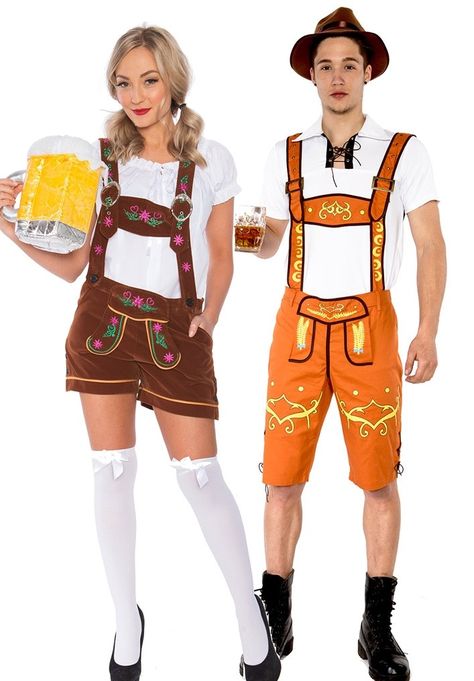 Couple Lederhosen Traditional Costume Teletubbies Costume, Beer Maid, Egyptian Accessories, German Costume, Oktoberfest Halloween, Oktoberfest Outfit, Uniform Accessories, White Collared Shirt, Funny Costumes