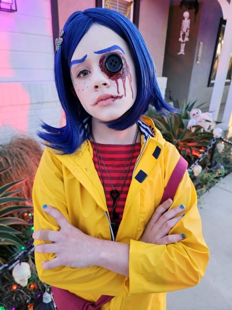 Coraline Costume, Kids, teens, scary, button eye, diy costumes Button Eyes Costume, Coraline Diy Costume, Scary Coraline Costume, Annabelle Doll Costume, Coraline Costume Diy, Caroline Halloween Costume, Coraline Costume Ideas, Coraline Costume Black Women, Cat From Coraline Costume