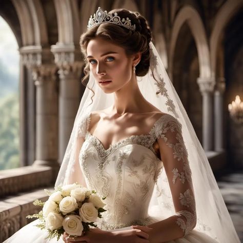 Bride in white lace dress, veil, bun, tiara, roses, altar. Bride Hair With Veil And Tiara, Veil And Crown Bridal Tiara, Bride Hair Updo With Veil And Tiara, Wedding Veil Tiara, High Bun With Tiara, Tiara Wedding Veil, Tiara Veil Wedding, Wedding Crowns With Veils, Hair Down With Tiara