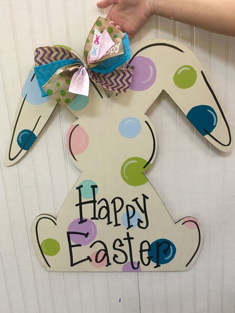 Easter bunny spring door hanger  Craft night out Statesville nc Easter Door Signs, Spring Door Ideas For Classroom, Spring Door Ideas, Decorating Front Door, Easter Bunny Door Decoration, Peep Door Hanger, Easter Bunny Painting On Wood, Easter Bunny Signs Wood, Wooden Bunny Painting Ideas