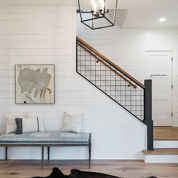 Wrought Iron Staircase with Oak Treads - Transitional - Entrance/foyer Shiplap Staircase Wall, Shiplap Staircase, Cottage Foyer, Staircase Wall Design, Light Stained Wood, Oak Handrail, Wrought Iron Handrail, Wrought Iron Staircase, White Molding