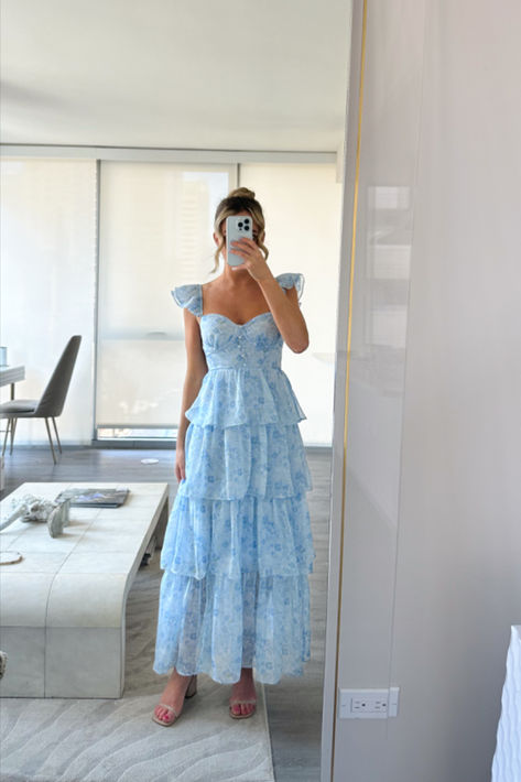 Wedding Guest Dress Floral, Garden Wedding Dress Guest, Blue Wedding Guest Dresses, Formal Wedding Attire, Floral Bridesmaid Dresses, Baby Blue Dresses, Blue Bridesmaid Dress, Summer Garden Party, Garden Party Dress