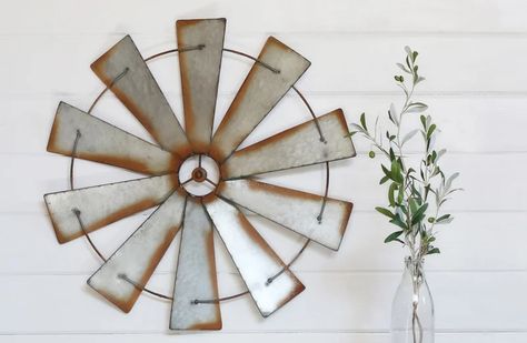 Galvanized Wall Decor, Windmill Wall Decor, Metal Windmill, Sculpture Home Decor, Storage Room Organization, Home Decor Rustic, Rustic Wall Art, Galvanized Metal, Rustic Wall