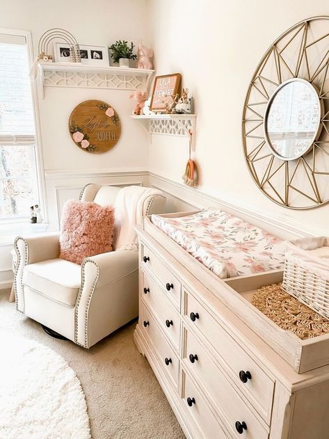 Off Centered Crib Nursery, Nursery Dresser With Changing Pad, Changing Table Topper For Dresser, Furniture For Nursery, Changing Pads On Dresser, Nursery With Tv, Homegoods Nursery, Earthy Nursery Decor, Shelves Above Dresser Nursery