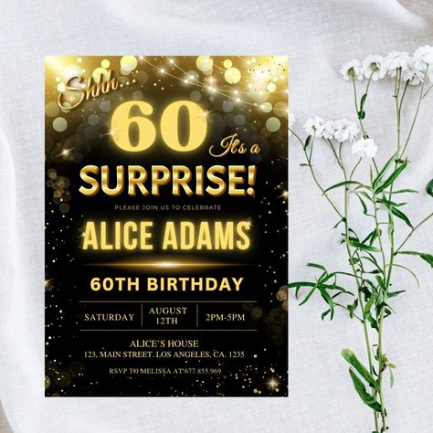 ✨🎉 Shhh… It’s a Surprise! 🎉✨ Throw a surprise birthday bash in style with this gold and black Surprise Birthday Invitation, perfect for any age! 🥳 Whether it’s a 60th, 65th, or ANY milestone celebration, this fully customizable invitation is sure to impress. 💫 🌟 How does it work? ✅ Edit easily on Canva ✅ Print, email, or text to your guests instantly ✅ Perfect for celebrating him, her, or anyone special in your life! Swipe 👉 to see more and visit our shop to get yours today! 🛍️ #SurpriseB... Surprise Birthday Invitations, Birthday Surprise, 60th Birthday, Birthday Bash, Milestones, Birthday Invitations, Celebrities, Birthday, Gold