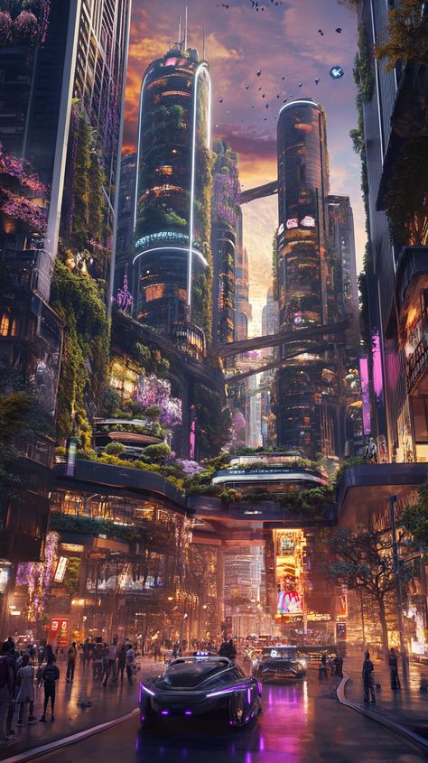 **Explore a Stunning Futuristic Cityscape with Vertical Gardens and Smart Living**   Imagine a breathtaking city where sleek, flowing buildings unite with lush vertical gardens and solar facades. Energy-efficient vehicles converge in vibrant pedestrian zones, alive with digital art and diverse individuals exploring their surroundings. Twilight casts a magical glow over this inclusive world.   #FuturisticCity #VerticalGardens #DiverseCommunity #midjourney Futuristic New York City, Futuristic City Design, Cyberpunk City Landscape, Sci Fi City Aesthetic, Fantasy Cyberpunk City, Fantasy Futuristic City, Scifi City Concept Art, Futuristic City Cyberpunk, Atompunk City