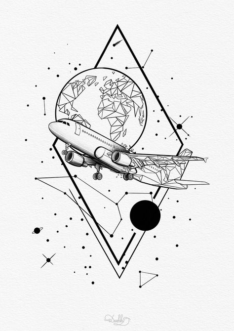 Plane Tattoo Design, Aircraft Tattoo, Tattoo Space, Plane Tattoo, Earth Tattoo, Airplane Tattoos, Full Sleeve Tattoo, My Portfolio, Fashion Art Illustration