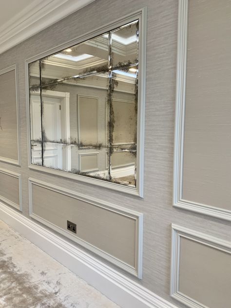 Bespoke Antique Mirror Mirror In Panelling, Mirror In Wall Panelling, Mirror In Moulding, Wall Trim With Mirror, Paneled Mirror Wall, Antique Mirror Hallway, Wall Molding Design With Mirror, Wall Moulding With Mirror, Paneling With Mirror