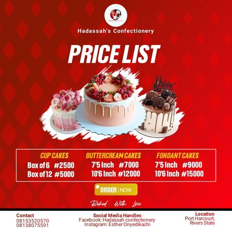 This is a price list of Hadassah's Confectionery Cake Price List Design, Cake Price List, Price List Design, Cake Pricing, List Design, Buttercream Cake, Price List, Mini Cheesecake, Flyer Design