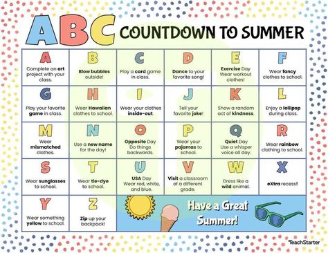 Last Week Of School Theme Days, Abc Countdown To Summer, Last Day Of School Party, Count Down To Summer, Abc Countdown, Last Days Of School, Countdown To Summer, School Spirit Week, End Of The Year Activities