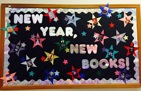 New Year, New Books- Tallmadge New Years Library Bulletin Boards, New Year Book Display, New Years Library Display, New Year Library Bulletin Board, New Year Library Display, Middle School Library Displays, Books Bulletin Board, Library Magic, Library Door