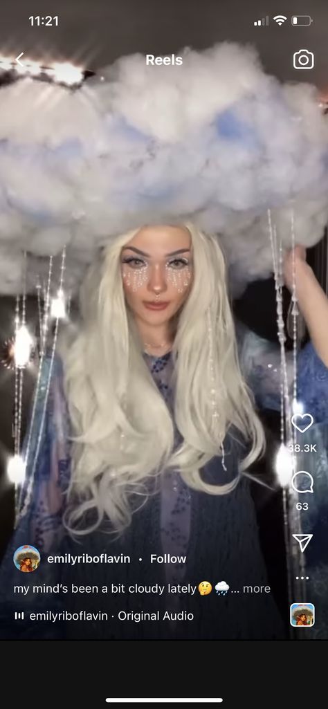 Cloud Hat Costume, Cloud Rave Outfit, Cloud Costume Women, Rain Cloud Makeup, Cloud Halloween Costume, Cloud Goddess, Drag Couture, Storm Makeup, Rain Cloud Costume