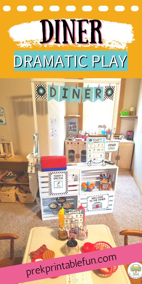 Preschool Restaurant, Dramatic Play Space, Music Nostalgia, Dramatic Play Themes, 50's Diner, Diner Menu, Diner Sign, Play Props, Preschool Rooms