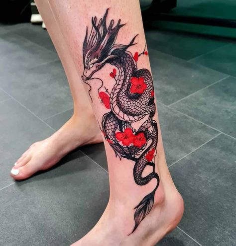 Dragon Leg Tattoo, Dragon Tattoo Leg, Dragon Thigh Tattoo, Red Dragon Tattoo, Tattoo Snake, Yang Tattoo, Dragon Tattoo Art, Ankle Tattoos For Women, Dragon Sleeve Tattoos