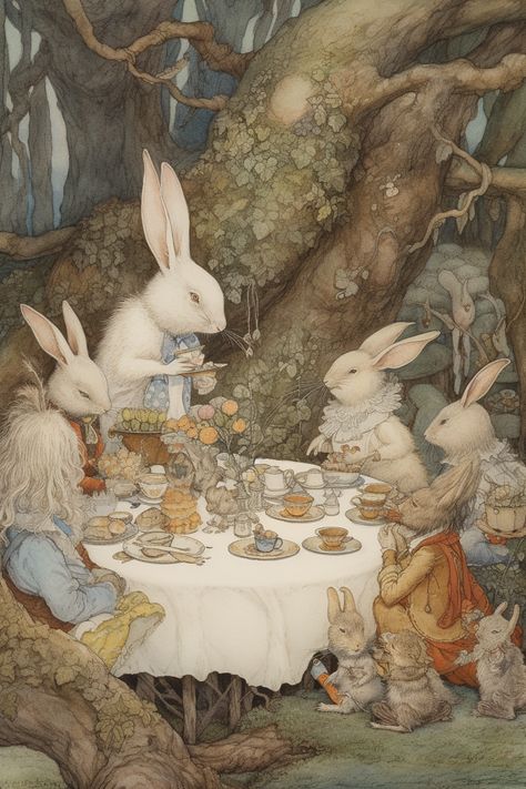 Animal Tea Party Drawing, Forest Tea Party Illustration, Old Fairytale Illustration, Animals In Garden, Rabbit Art Illustration, Vintage Rabbit Illustration, Tea Party Drawing, Animal Tea Party, Fairy Rabbit