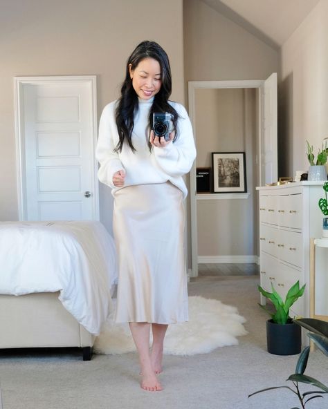 brand spotlight: Quince — janna doan Quince Silk Skirt, Quince Clothing Brand, Champagne Silk Skirt Outfit, Champagne Skirt Outfit, Champagne Silk Skirt, Champagne Silk Dress, Silk Skirt Outfit, Jumper Outfit, Gray Silk