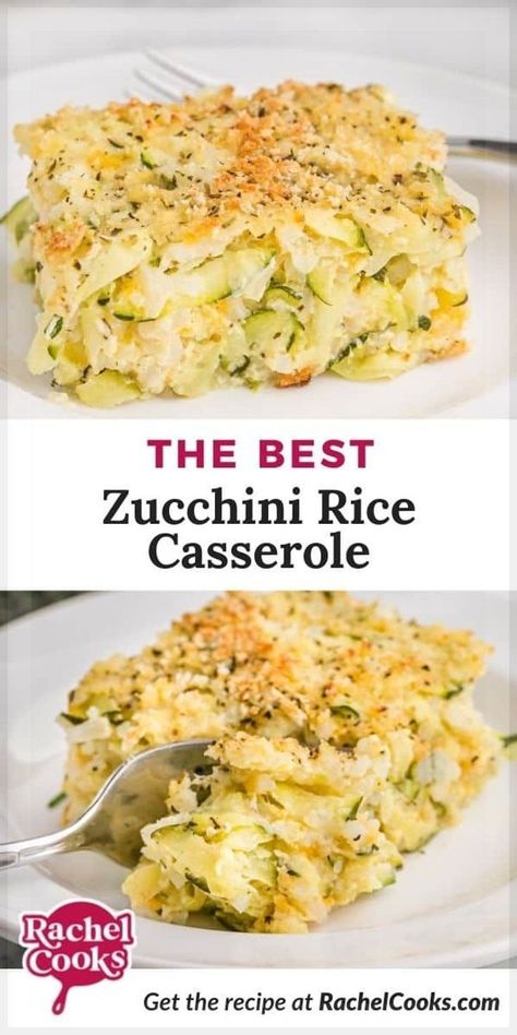 Cheesy, comforting, and filling, zucchini casserole with rice is a favorite homestyle recipe. It’s also a good way to use a bountiful harvest of zucchini! Do you have an abundance of zucchini in your garden? You can use those zucchini that may have gotten a bit too large. Since they are shredded, the size doesn’t really matter all that much. This casserole is similar to cheesy potatoes or a gratin. The zucchini is shredded before combining it with rice, cheese and eggs. Zucchini Rice Casserole, Shredded Zucchini Recipes, Zucchini Breads, Casserole With Rice, Gf Cooking, Zucchini Rice, Chicken Zucchini Casserole, Zucchini Casserole Recipes, Zucchini Side Dishes