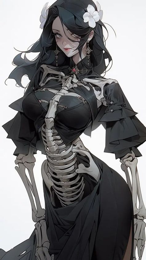 Character Design Skeleton, Lich Character Design, Half Skeleton Half Human, Female Skeleton Art, Skeleton Concept Art, Undead Oc, Skeleton Character Design, Skeleton Oc, Anime Skeleton